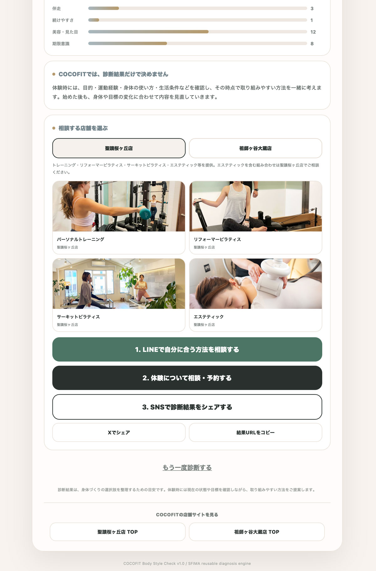 COCOFIT（ココフィット）身体づくりタイプ診断の結果画面とLINE相談・体験予約への案内